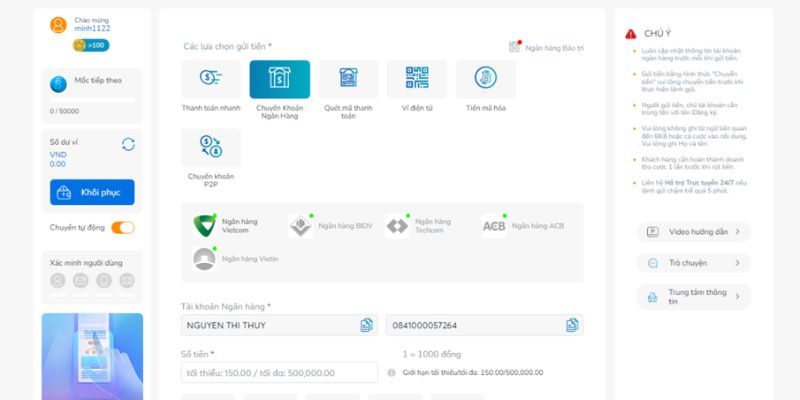Nạp tiền 123B theo kênh chuyển khoản ngân hàng tiện lợi